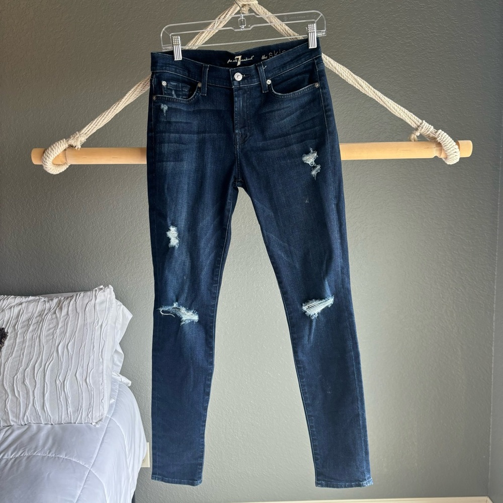 7 for All Mankind Dark Wash Distressed Skinny Jean Size: 28